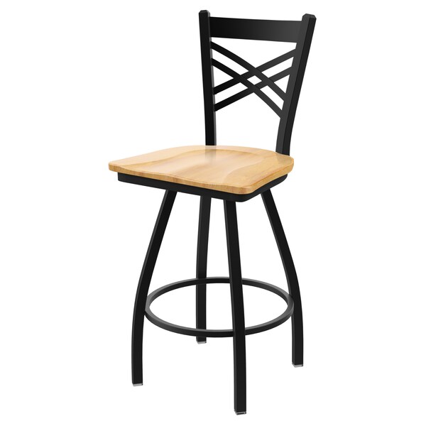 36" Swivel Bar Stool, Black Wrinkle, Nat Maple Seat